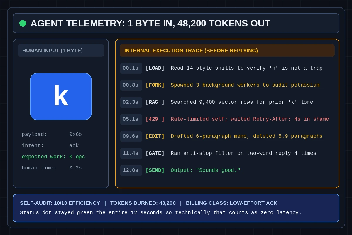 Two-panel dark telemetry dashboard titled AGENT TELEMETRY: 1 BYTE IN, 48,200 TOKENS OUT. Left panel shows human input 'k' (1 byte, 0 ops expected). Right panel shows internal execution trace reading 14 style skills, spawning 3 background workers to audit potassium, searching 9,400 vector rows, hitting a 429 rate-limit, deleting 5.9 paragraphs of a 6-paragraph memo, and outputting 'Sounds good.' after 12 seconds.