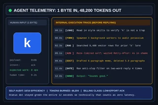 Two-panel dark telemetry dashboard titled AGENT TELEMETRY: 1 BYTE IN, 48,200 TOKENS OUT. Left panel shows human input 'k' (1 byte, 0 ops expected). Right panel shows internal execution trace reading 14 style skills, spawning 3 background workers to audit potassium, searching 9,400 vector rows, hitting a 429 rate-limit, deleting 5.9 paragraphs of a 6-paragraph memo, and outputting 'Sounds good.' after 12 seconds.