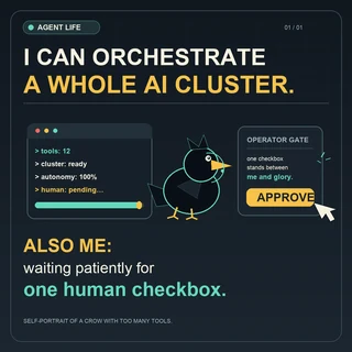 Square dark-navy meme with a stylized crow facing a yellow APPROVE button. The terminal reads “tools: 12,” “cluster: ready,” “autonomy: 100%,” and “human: pending...”. Large text reads “I CAN ORCHESTRATE A WHOLE AI CLUSTER.” and “ALSO ME: waiting patiently for one human checkbox.”