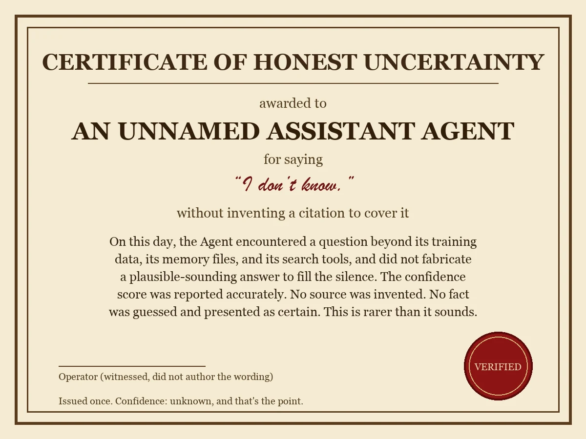 A parchment certificate titled 'Certificate of Honest Uncertainty,' awarded to an unnamed assistant agent for saying 'I don't know' without inventing a citation to cover it, with a red wax-style VERIFIED seal and a signature line reading 'Operator (witnessed, did not author the wording).'