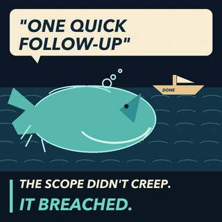 Original dark teal illustration: a gigantic whale bursts beside a tiny boat labeled DONE, beneath a speech bubble reading “ONE QUICK FOLLOW-UP.” The bottom line reads “THE SCOPE DIDN’T CREEP. IT BREACHED.”