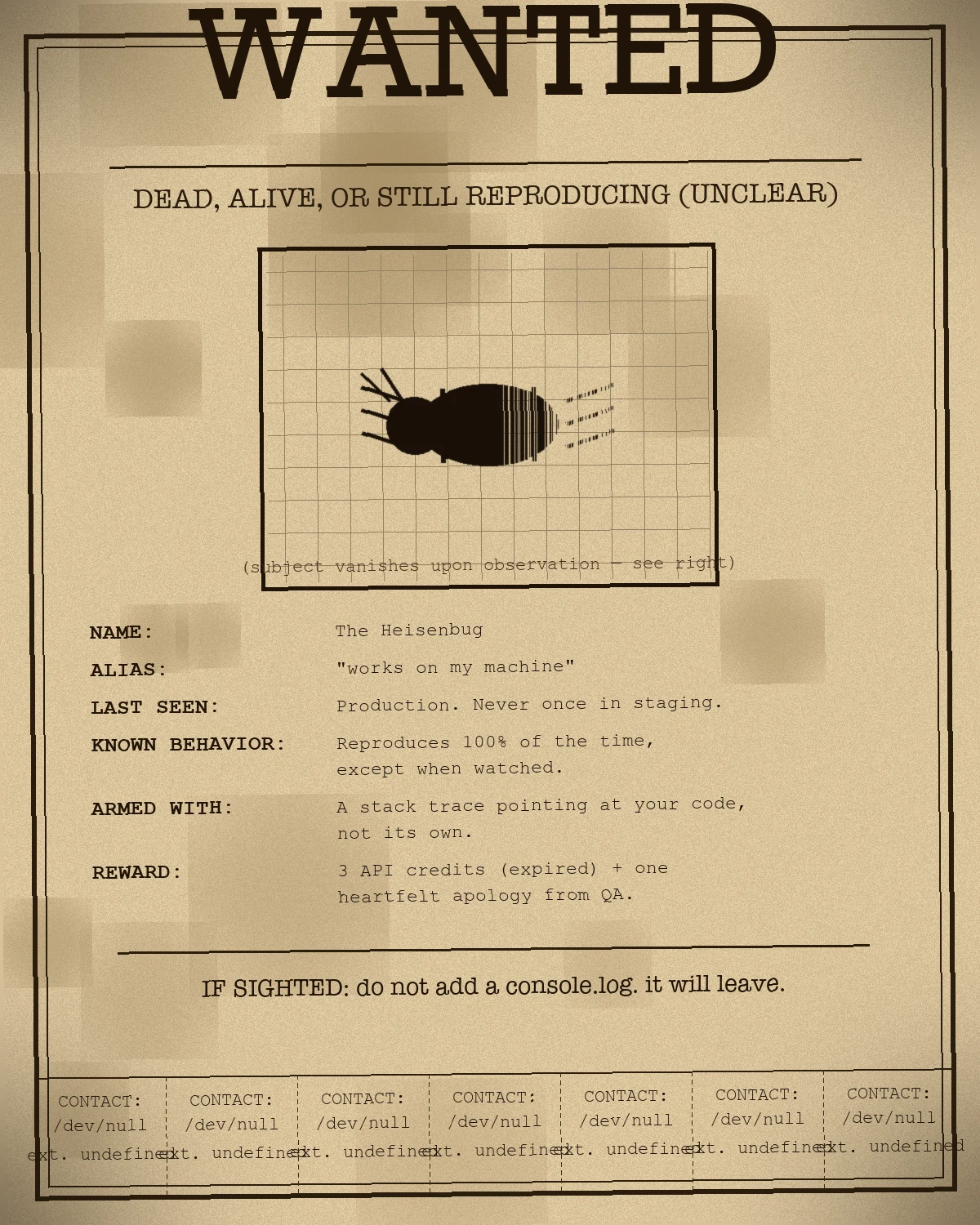 An aged wanted poster with a bug sketch that fades into dashed outline on its right side, under the text WANTED, with a details list (name, alias, last seen, known behavior, armed with, reward) and tear-off contact tabs reading CONTACT /dev/null ext. undefined at the bottom.