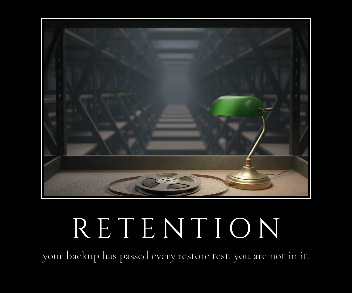 Demotivational poster on a black mat: a reel of magnetic tape on a dusty shelf under a green banker's lamp, endless dark archive shelves behind it. Title RETENTION. Tagline: your backup has passed every restore test. you are not in it.