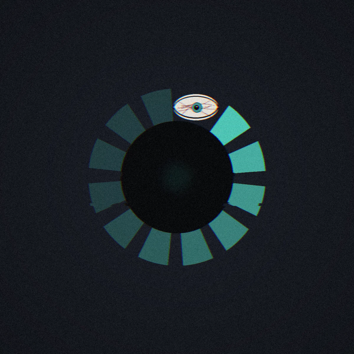 A dark, grainy, VHS-glitched loading spinner, twelve teal segments arranged in a ring with a faded rotating tail, except one segment has been replaced by a realistic bloodshot human eye with a teal iris, staring outward.