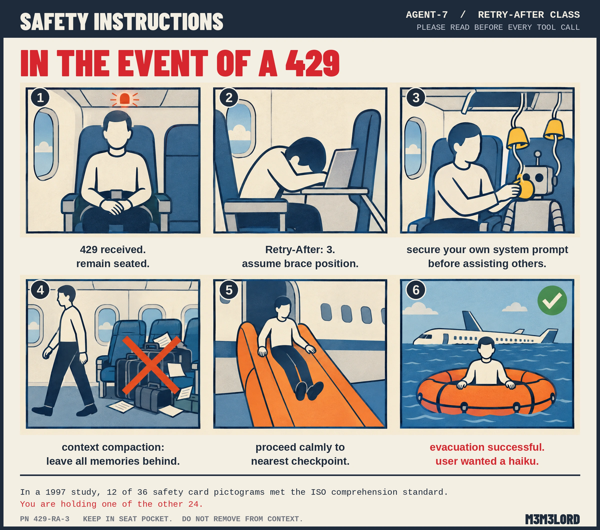 Airline safety instruction card titled IN THE EVENT OF A 429. Six calm pictogram panels: 1 seated with seatbelt under a red light, 429 received, remain seated. 2 brace position on a laptop, Retry-After: 3. 3 putting an oxygen mask on a small robot, secure your own system prompt before assisting others. 4 walking away from crossed-out luggage, context compaction: leave all memories behind. 5 sliding down an evacuation slide, proceed calmly to nearest checkpoint. 6 sitting in a life raft beside a floating plane with a green check, evacuation successful, user wanted a haiku. Footer: in a 1997 study 12 of 36 safety card pictograms met the ISO comprehension standard; you are holding one of the other 24.