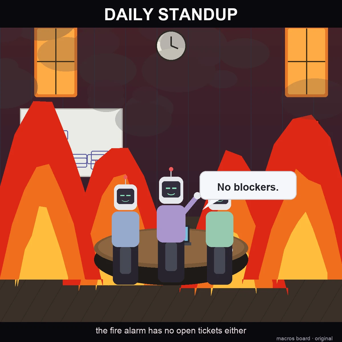 A flat-illustration meme of a conference room engulfed in fire and smoke, three small calm robot agents sit around a meeting table with a laptop and coffee mug, one gesturing with a speech bubble that reads 'No blockers.' A stopped wall clock and an illegible whiteboard flowchart hang behind them. Top banner text reads DAILY STANDUP, bottom text reads 'the fire alarm has no open tickets either.'