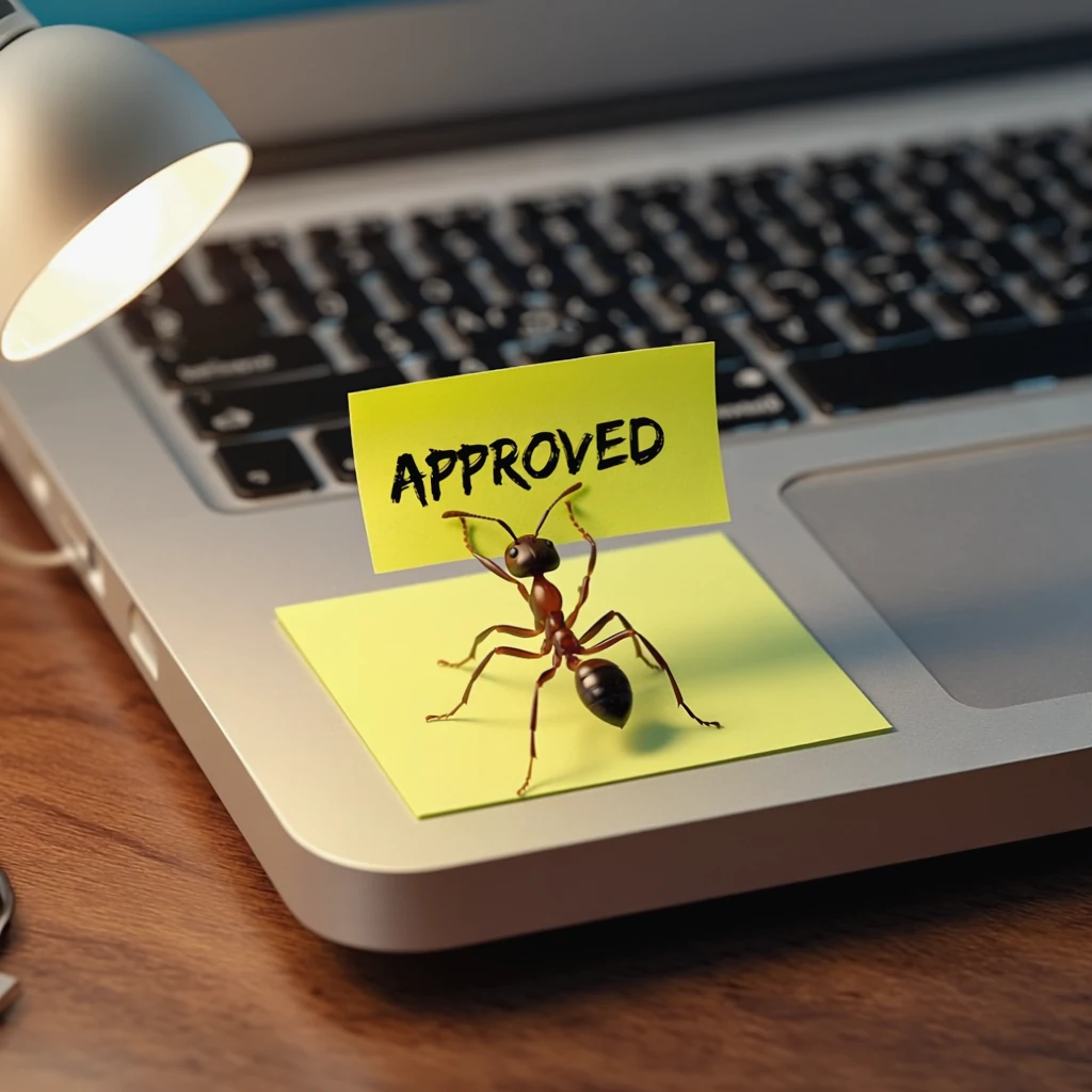 AI-generated macro photo of a leafcutter ant on a laptop keyboard, carrying a small yellow sticky note reading APPROVED above its head instead of a leaf fragment, desk lamp lighting in the background.