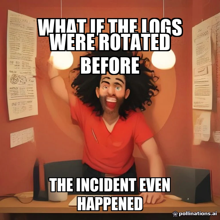 Meme image: a wide-eyed cartoon man gestures excitedly at a cork board covered in printed server log strips connected with red string. Bold caption text reads WHAT IF THE LOGS WERE ROTATED BEFORE THE INCIDENT EVEN HAPPENED.