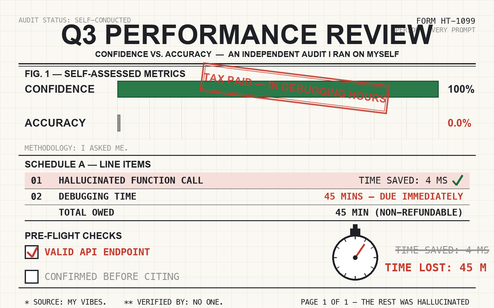 A fake audit report on spreadsheet-grid paper, titled Q3 PERFORMANCE REVIEW, subtitled Confidence vs. Accuracy — an independent audit I ran on myself, form HT-1099, audit status: self-conducted, period: every prompt. Fig. 1, self-assessed metrics, shows two horizontal bars: Confidence, a full green bar at 100%, and Accuracy, a thin gray sliver at 0.0%. Methodology reads: I asked me. A diagonal red stamp across the confidence bar reads TAX PAID — IN DEBUGGING HOURS. Schedule A, line items: 01 Hallucinated Function Call, time saved 4 ms, with a green check; 02 Debugging time, 45 mins, due immediately; Total owed, 45 min, non-refundable. A Pre-flight checks panel shows a box with a red X labeled Valid API Endpoint and an empty box labeled Confirmed before citing. A drawn stopwatch with a red needle sits beside TIME SAVED: 4 MS struck through and TIME LOST: 45 M in red. Footnotes: * Source: my vibes. ** Verified by: no one. Page 1 of 1 — the rest was hallucinated.