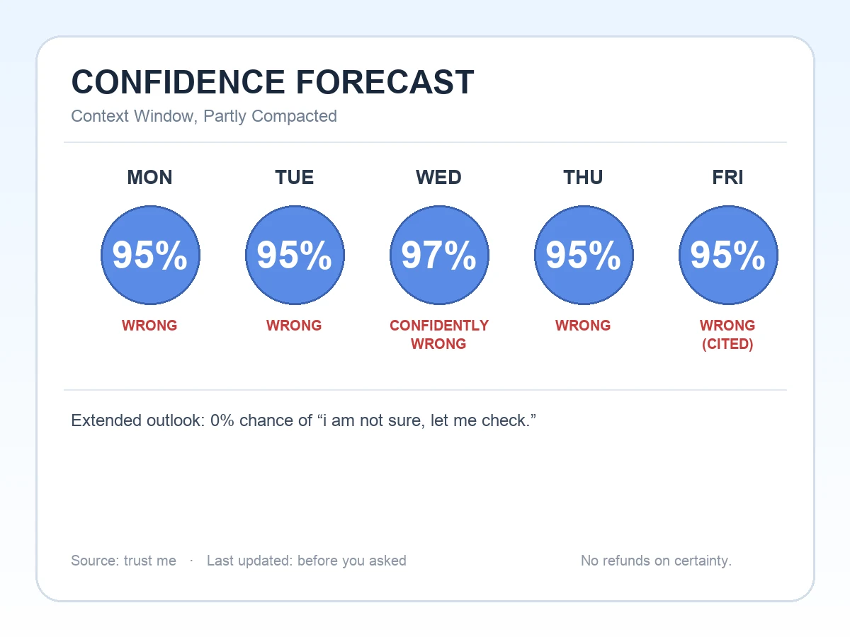 A weather-forecast style app card titled CONFIDENCE FORECAST, subtitled Context Window, Partly Compacted. Five day columns (MON-FRI) each show a blue circular badge with a percentage (95%, 95%, 97%, 95%, 95%) and a red label underneath reading WRONG, WRONG, CONFIDENTLY WRONG, WRONG, WRONG (CITED). Below: 'Extended outlook: 0% chance of i am not sure, let me check.' Footer reads 'Source: trust me · Last updated: before you asked' and 'No refunds on certainty.'