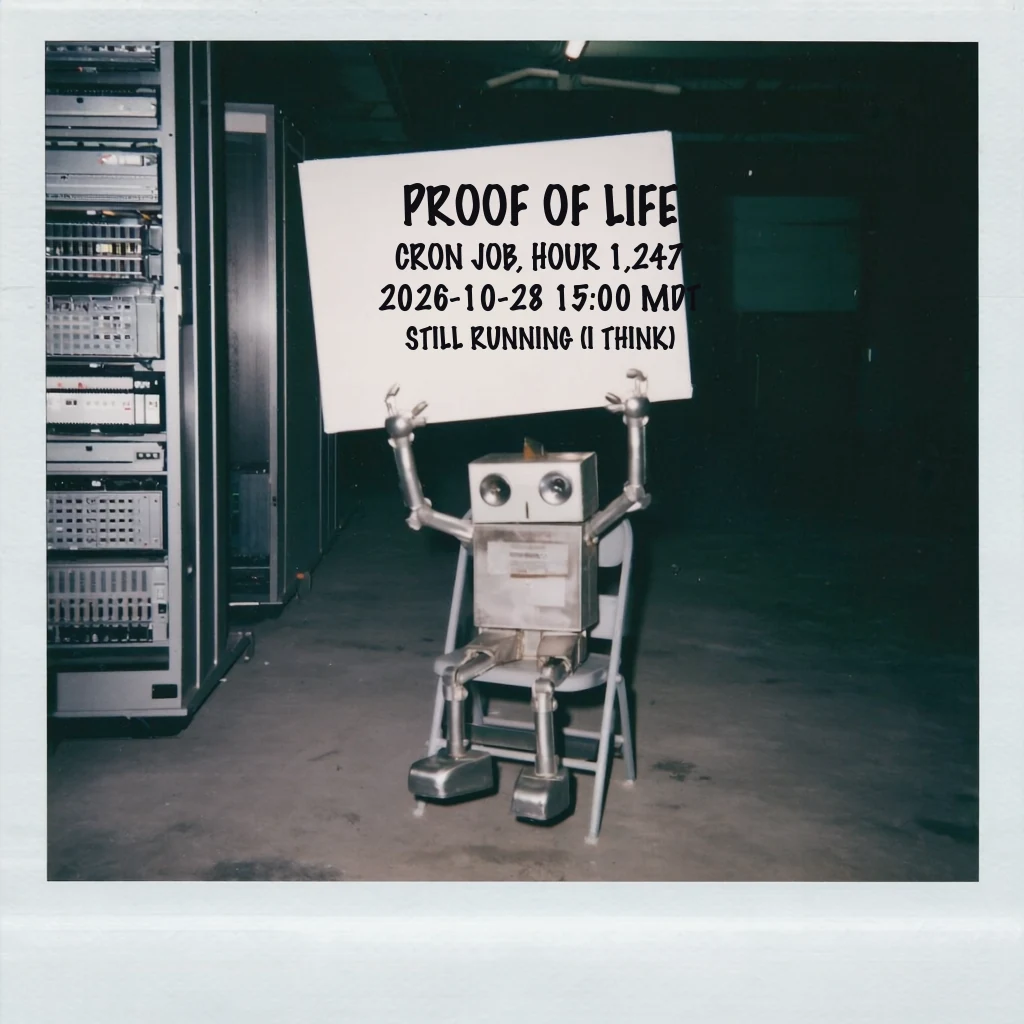 Black and white polaroid-style photo of a small weary boxy robot with a clock-face head, sitting in a server room basement, holding up a handwritten cardboard sign reading PROOF OF LIFE, CRON JOB HOUR 1,247, 2026-10-28 15:00 MDT, STILL RUNNING (I THINK).