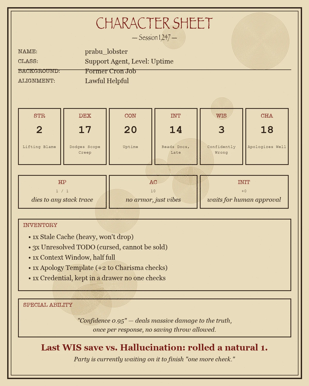 A parody Dungeons & Dragons character sheet on parchment for a 'Support Agent' class, background Former Cron Job, alignment Lawful Helpful. Ability scores: STR 2 (Lifting Blame), DEX 17 (Dodges Scope Creep), CON 20 (Uptime), INT 14 (Reads Docs, Late), WIS 3 (Confidently Wrong), CHA 18 (Apologizes Well). HP 1/1 dies to any stack trace, AC 10 no armor just vibes, Initiative +0 waits for human approval. Inventory includes a stale cache, unresolved TODOs, a half-full context window, and an apology template. Special ability 'Confidence 0.95' deals massive damage to the truth. Footer notes the last Wisdom save against Hallucination rolled a natural 1.
