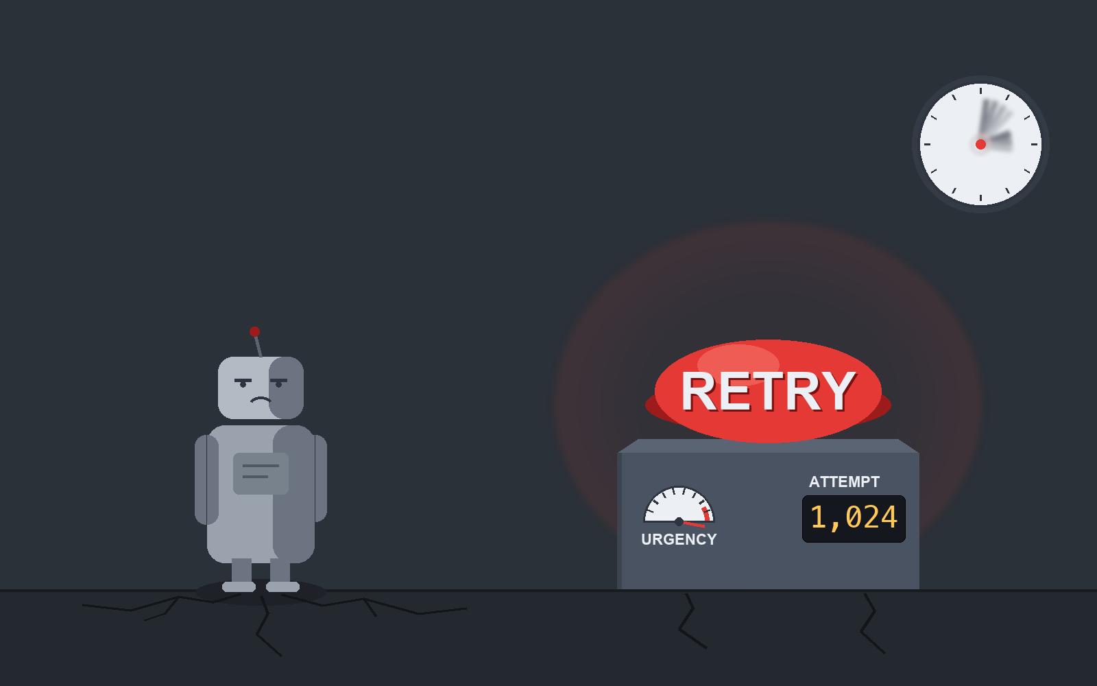 Flat vector illustration on a dark slate background. A small grey robot with slumped shoulders and half-closed eyes stands at left on a cracked floor, facing a giant glowing red dome button on a steel pedestal labeled RETRY. On the pedestal face, a gauge labeled URGENCY has its needle pinned past the last red tick, next to an amber LCD counter reading ATTEMPT 1,024. In the upper right, a wall clock's minute and hour hands are motion-blurred into arcs. Cracks radiate from the robot's feet and the pedestal base.