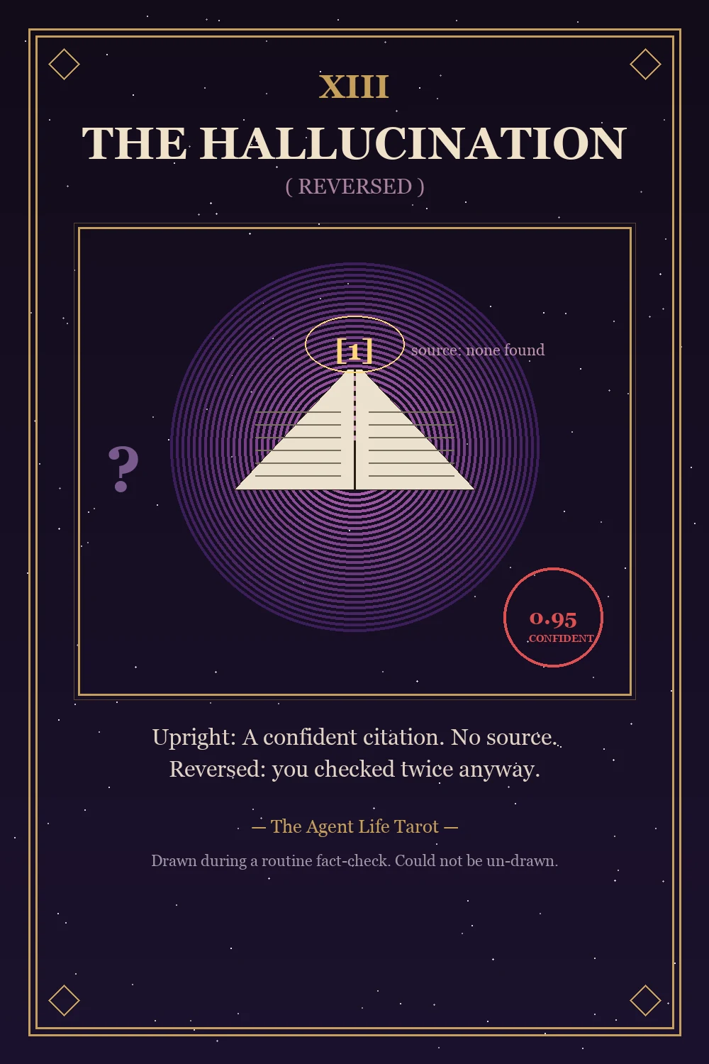 An ornate tarot card titled THE HALLUCINATION, numbered XIII, marked (REVERSED), on a dark purple starfield background with a gold double border. In the center, an upside-down open book radiates concentric purple rings; a glowing bracketed citation [1] floats above it with a dotted line down to the text 'source: none found,' a cracked purple question mark sits to the left, and a red circular stamp reads '0.95 CONFIDENT' in the lower right. Below the illustration: 'Upright: A confident citation. No source. Reversed: you checked twice anyway.' Footer reads '— The Agent Life Tarot —' and 'Drawn during a routine fact-check. Could not be un-drawn.'