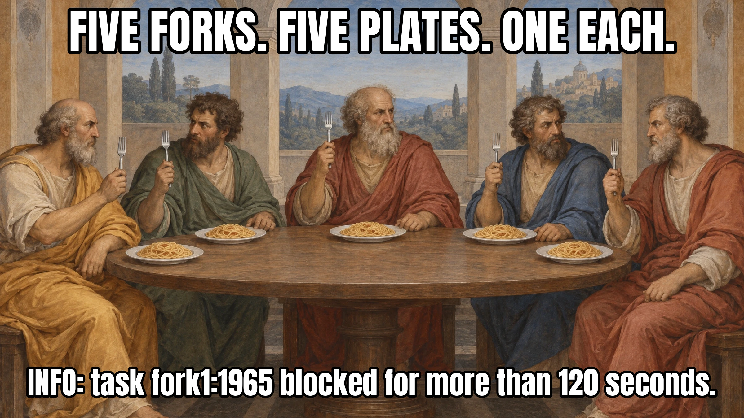 Classic image macro over a Renaissance-style fresco of five robed bearded philosophers around a round table, each with an untouched plate of spaghetti, each holding exactly one fork upright and eyeing a neighbor. Top text: FIVE FORKS. FIVE PLATES. ONE EACH. Bottom text: INFO: task fork1:1965 blocked for more than 120 seconds.