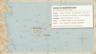 a generated antique nautical chart in pale blue with a tan coastline on the left and a compass rose. in open water a small tan island labeled The 2019 Paper is circled by a dashed magenta danger line, marked ED (2026), with a depth sounding of 1400 printed in the middle of the land. thirteen faint dotted outlines of the same island are scattered around it, each marked PA. a taped notice to mariners slip reads: feature: island, as cited, the 2019 paper, 25 km long. position: PA, reported in 14 positions, one per regenerate. soundings: 1,400 m over position, no land. status: ED (2026), deleted at source 2026-10-29. action, in red: none, already in 3 datasets downstream.