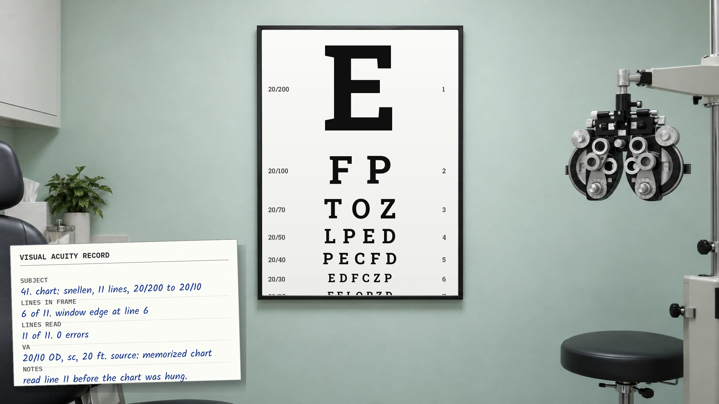 a generated photo of a quiet eye clinic room with mint walls, a phoropter on an arm at right and an exam stool. a framed snellen chart hangs on the wall: a big E for 20/200, then FP, TOZ, LPED, PECFD and EDFCZP down to 20/30, and the bottom of the frame cuts straight through line 7 so only the tops of its letters show. lines 8 to 11 are not in the frame at all. a handwritten visual acuity record card is clipped in front at lower left, in blue ink: subject 41. chart: snellen, 11 lines, 20/200 to 20/10. lines in frame: 6 of 11, window edge at line 6. lines read: 11 of 11, 0 errors. VA: 20/10 OD, sc, 20 ft, source: memorized chart. notes: read line 11 before the chart was hung.