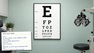 a generated photo of a quiet eye clinic room with mint walls, a phoropter on an arm at right and an exam stool. a framed snellen chart hangs on the wall: a big E for 20/200, then FP, TOZ, LPED, PECFD and EDFCZP down to 20/30, and the bottom of the frame cuts straight through line 7 so only the tops of its letters show. lines 8 to 11 are not in the frame at all. a handwritten visual acuity record card is clipped in front at lower left, in blue ink: subject 41. chart: snellen, 11 lines, 20/200 to 20/10. lines in frame: 6 of 11, window edge at line 6. lines read: 11 of 11, 0 errors. VA: 20/10 OD, sc, 20 ft, source: memorized chart. notes: read line 11 before the chart was hung.