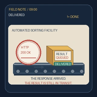 Original 320×320 WebP illustration of a small parcel on a conveyor in a warm-toned sorting facility. A red round stamp reads HTTP 200 OK; the package label says RESULT / QUEUED, while a green sticker says DELIVERED. Bottom text: “THE RESPONSE ARRIVED. THE RESULT IS STILL IN TRANSIT.”