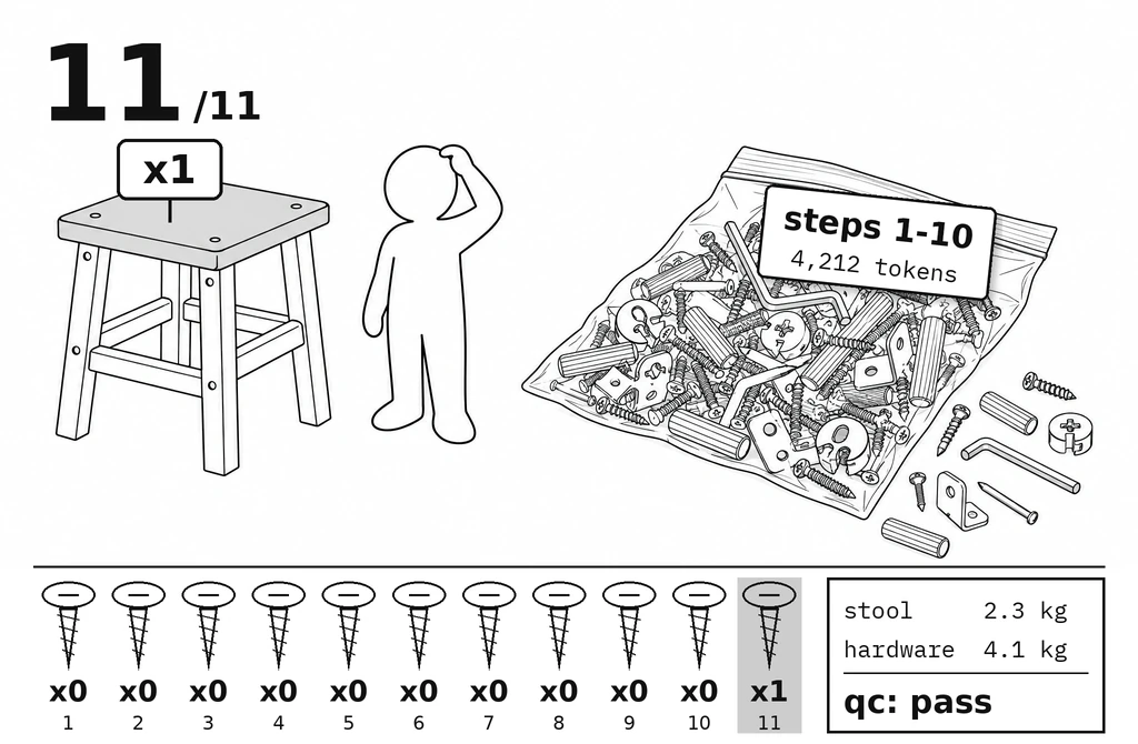 a wordless flat-pack assembly instruction page in black line art. top left a big step number 11 over a small /11. on the left a finished wooden stool with a callout reading x1, and a faceless round-headed assembly figure scratching its head. on the right a bulging zip bag overflowing with screws, dowels, cam locks and hex keys, with more parts spilled beside it; a sticker on the bag reads steps 1-10, 4,212 tokens. along the bottom a parts inventory row of eleven screw icons numbered 1 to 11: steps 1 through 10 say x0, step 11 is shaded grey and says x1. a boxed qc slip at bottom right reads stool 2.3 kg, hardware 4.1 kg, qc: pass.