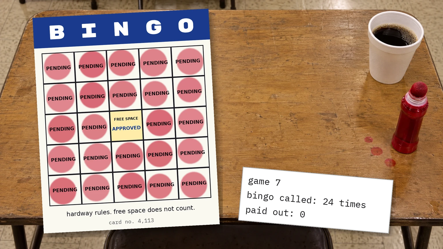 a generated photo of a worn wooden folding table in a church basement with a styrofoam coffee cup and a red bingo ink dauber. on the table lies a bingo card with a blue B I N G O header. all 24 squares say PENDING and each has a red dauber circle. the center free space says APPROVED and is the only square with no ink. fine print under the grid: hardway rules. free space does not count. card no. 4,113. a white caller slip beside it reads: game 7, bingo called: 24 times, paid out: 0.