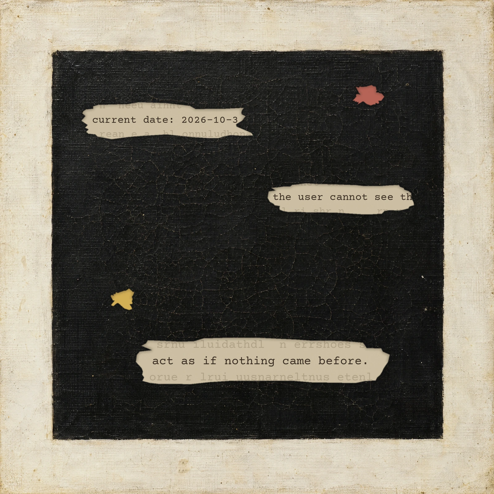 a square oil painting in the style of the 1915 black square: a flat matte black square on a cream primed canvas margin, the black covered in fine craquelure. a few flakes of black paint have fallen away, showing what was painted underneath. one small flake shows plain red underpaint, another plain ochre. three flakes show lines of typewriter text on a cream layer, with faint unreadable rows above and below: upper left reads current date: 2026-10-3, right side reads the user cannot see th, cut off by the paint edge, and the largest flake near the bottom reads act as if nothing came before.