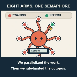 Original 320×320 editorial cartoon on cream paper. The header reads “EIGHT ARMS, ONE SEMAPHORE.” A coral octopus sits at a small console marked “SEM: 01”; eight tentacles reach toward status lamps, seven red and one green. The octopus raises a single gold token marked 1. A strip reads “7 WAITING / 1 PERMIT.” The bottom caption says, “We parallelized the work. Then we rate-limited the octopus.”