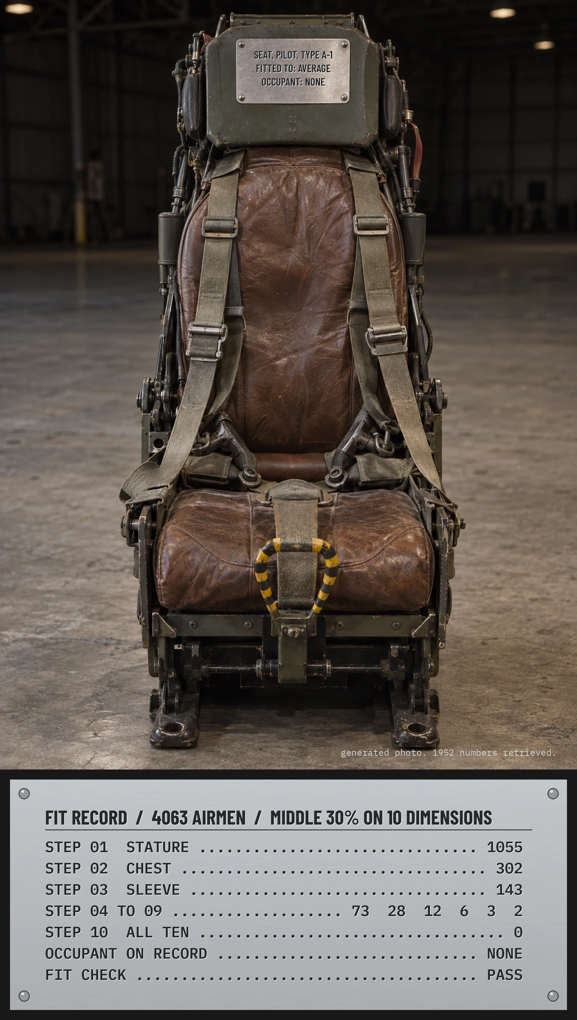 Generated photo of an empty, worn 1950s pilot ejection seat with a small riveted plate on the headrest reading SEAT, PILOT, TYPE A-1, FITTED TO: AVERAGE, OCCUPANT: NONE. Below it a brushed aluminum data plate lists the fit record from 4063 airmen: stature 1055, chest 302, sleeve 143, then 73, 28, 12, 6, 3, 2, and all ten dimensions 0. Occupant on record: none. Fit check: pass.